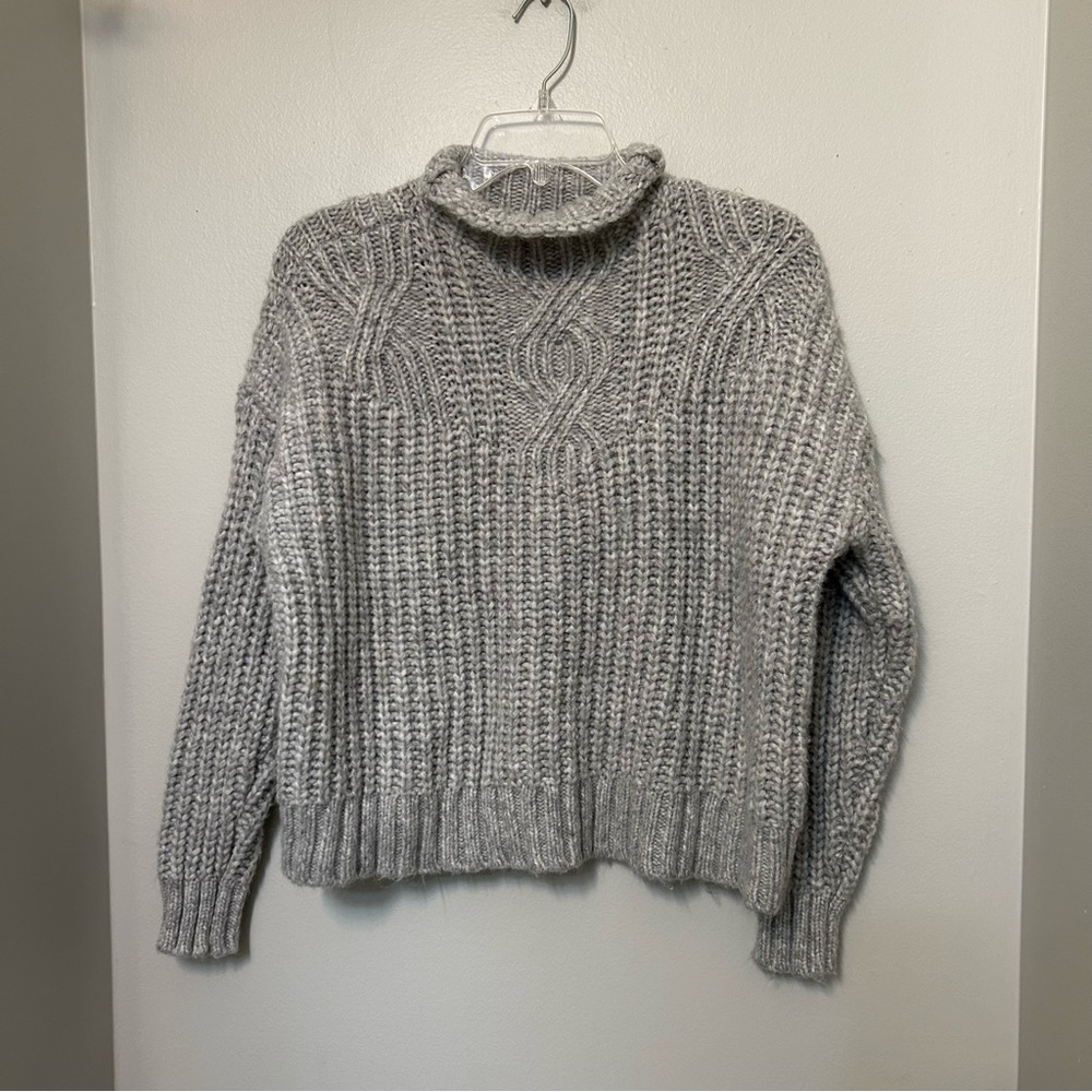 Aerie Gray Mock Neck Pullover Cable Knit Sweater XS Cropped Wool Blend cowl neck